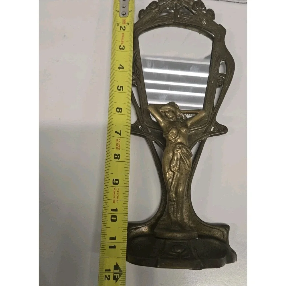 Vintage Brass Art Nouveau Revival Lady or Nymph Table Vanity Mirror, 12 Inch